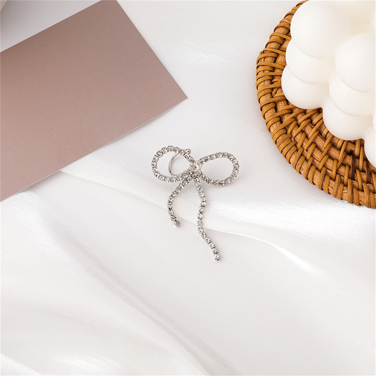 Cubic Zirconia and Silver-Plated Bow Ribbon Ear Cuff, silver drop earrings for women, elegant gift for her, detail close-up