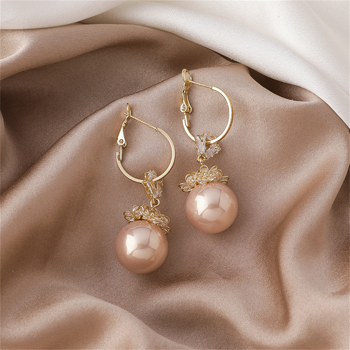 Champagne Pearl and Cubic Zirconia Flower Huggie Earrings, huggie earrings, dainty minimalist design, side view