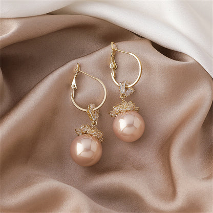 Champagne Pearl and Cubic Zirconia Flower Huggie Earrings, huggie earrings, dainty minimalist design, side view