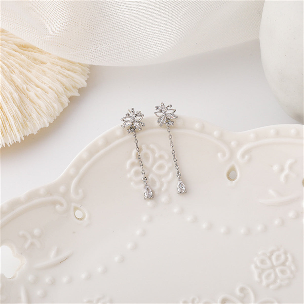 Cubic Zirconia and Crystal Silver-Plated Flower Drop Earrings, silver drop earrings for women, everyday style, front view