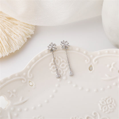 Cubic Zirconia and Crystal Silver-Plated Flower Drop Earrings, silver drop earrings for women, everyday style, front view