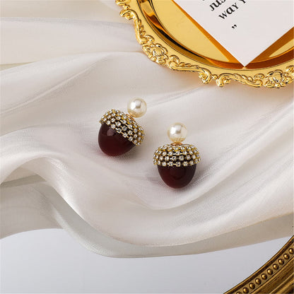 Crystal and Pearl Cubic Zirconia 18K Gold Plated Hazelnut Ear Jackets, gold drop earrings for women, front view