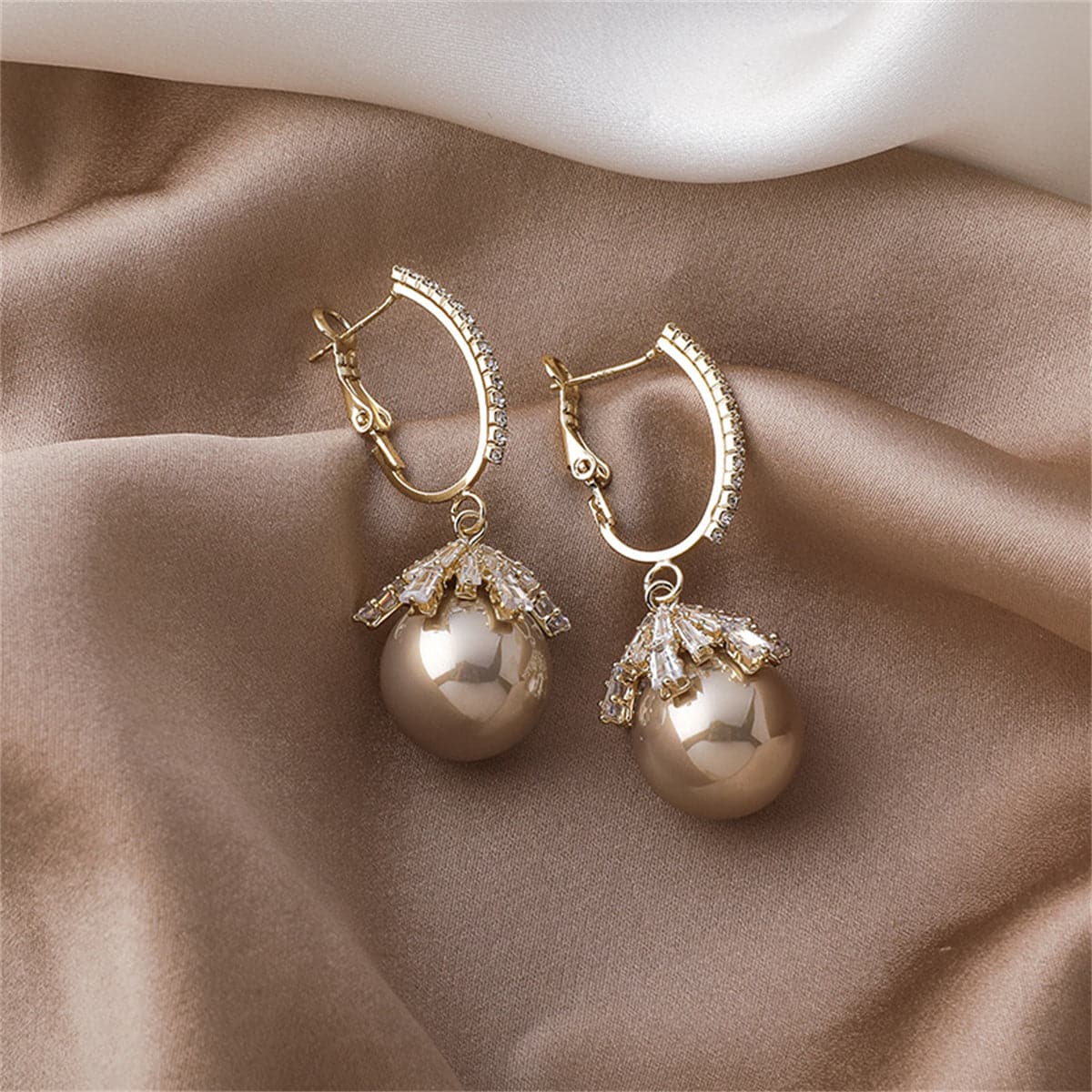 Champagne Pearl and 18K Gold-Plated Huggie Earrings, gold huggie earrings, everyday style, front view