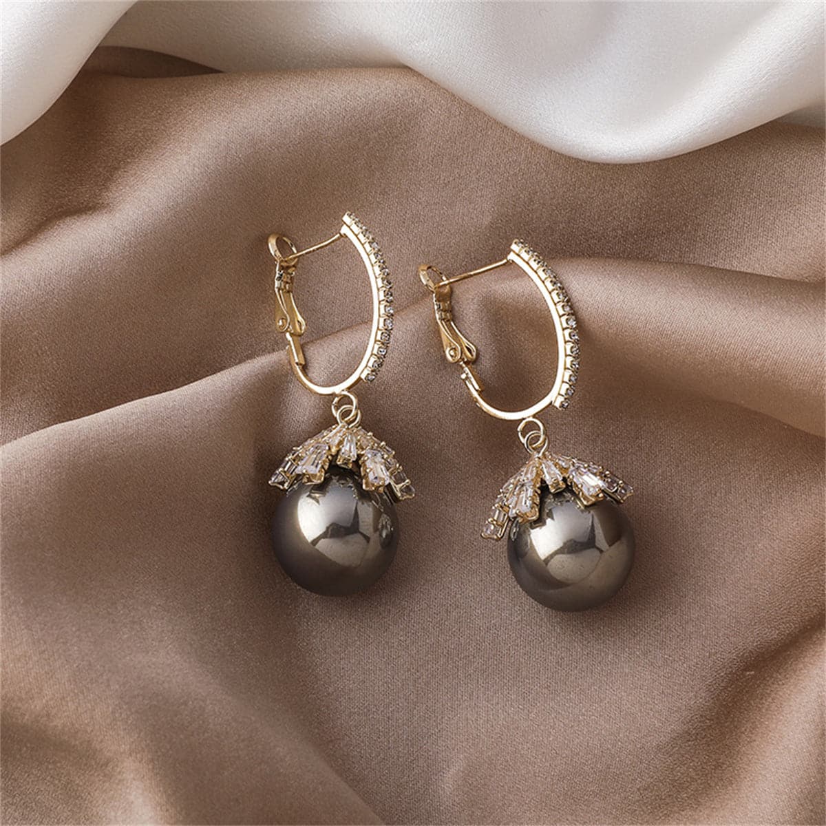 Gray Pearl and Cubic Zirconia 18k Gold-Plated Huggie Earrings, gold huggie earrings, everyday style, front view