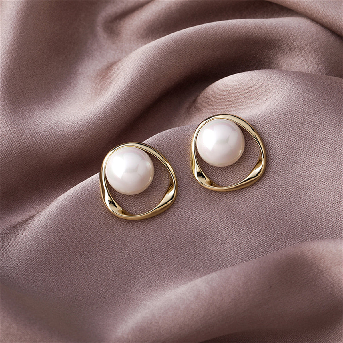 Pearl and 18K Gold-Plated Stud Earrings, gold stud earrings for women, botanical inspired, side view