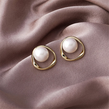 Pearl and 18K Gold-Plated Stud Earrings, gold stud earrings for women, botanical inspired, side view