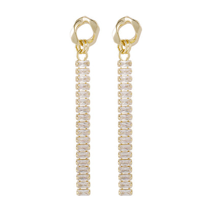 Crystal and 18K Gold-Plated Baguette-Cut Drop Earrings, gold drop earrings for women, everyday style, front view