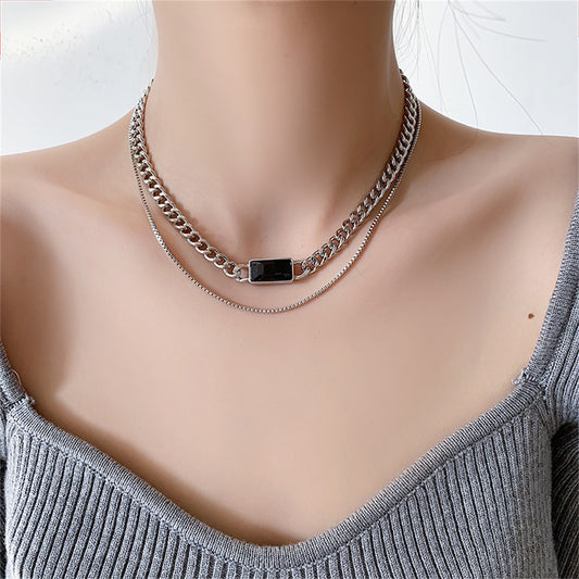 Black Enamel and Silver-Plated Curb Chain Layered Choker, silver pendant necklace for women, everyday style, front view