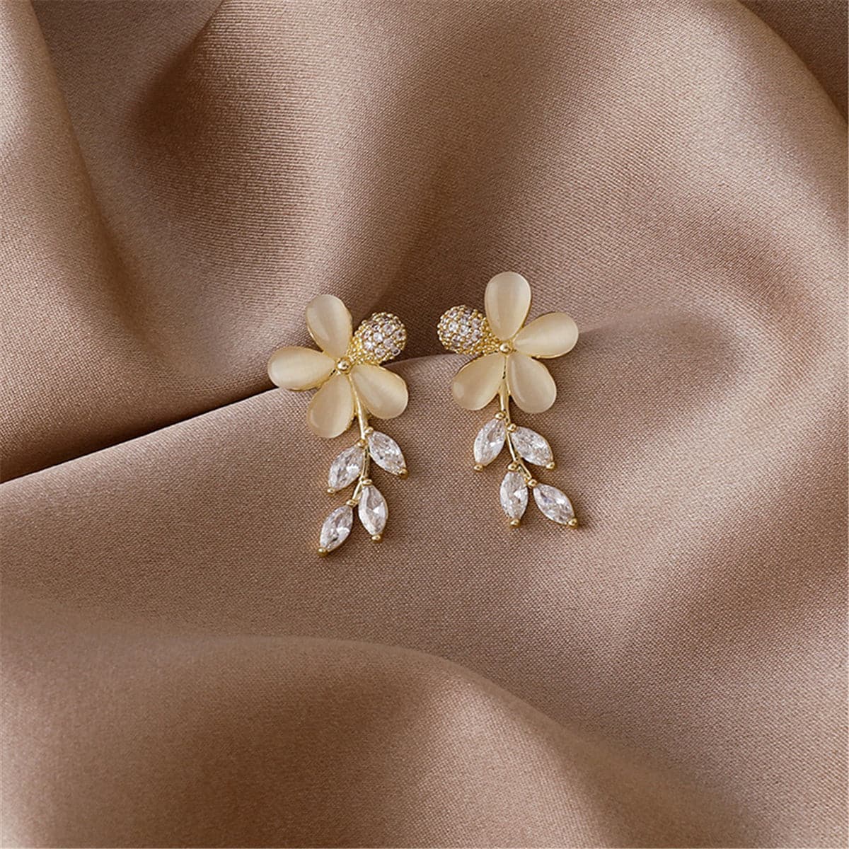 Crystal and Cat's Eye Floral Drop Earrings, drop earrings for women, vintage-inspired design, side view