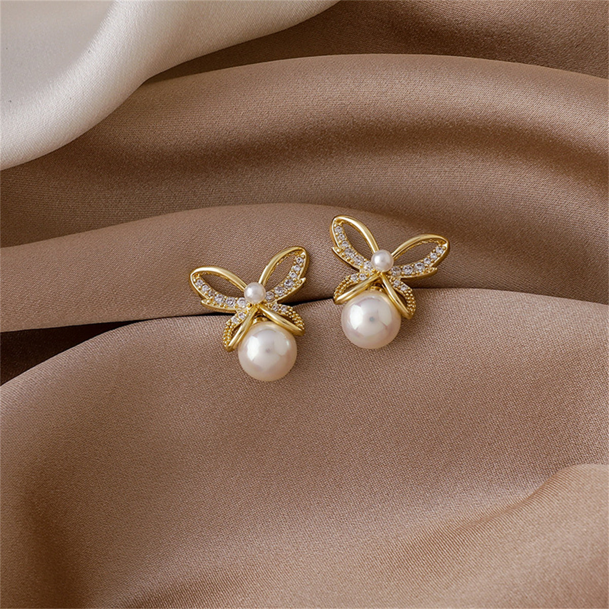 Pearl & Cubic Zirconia Openwork Butterfly Drop Earrings
