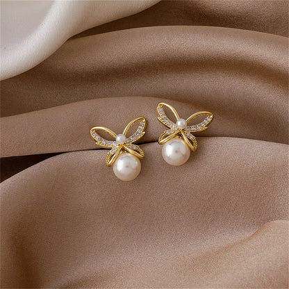 Pearl and Cubic Zirconia Openwork Butterfly Drop Earrings, drop earrings for women, elegant gift for her, side view