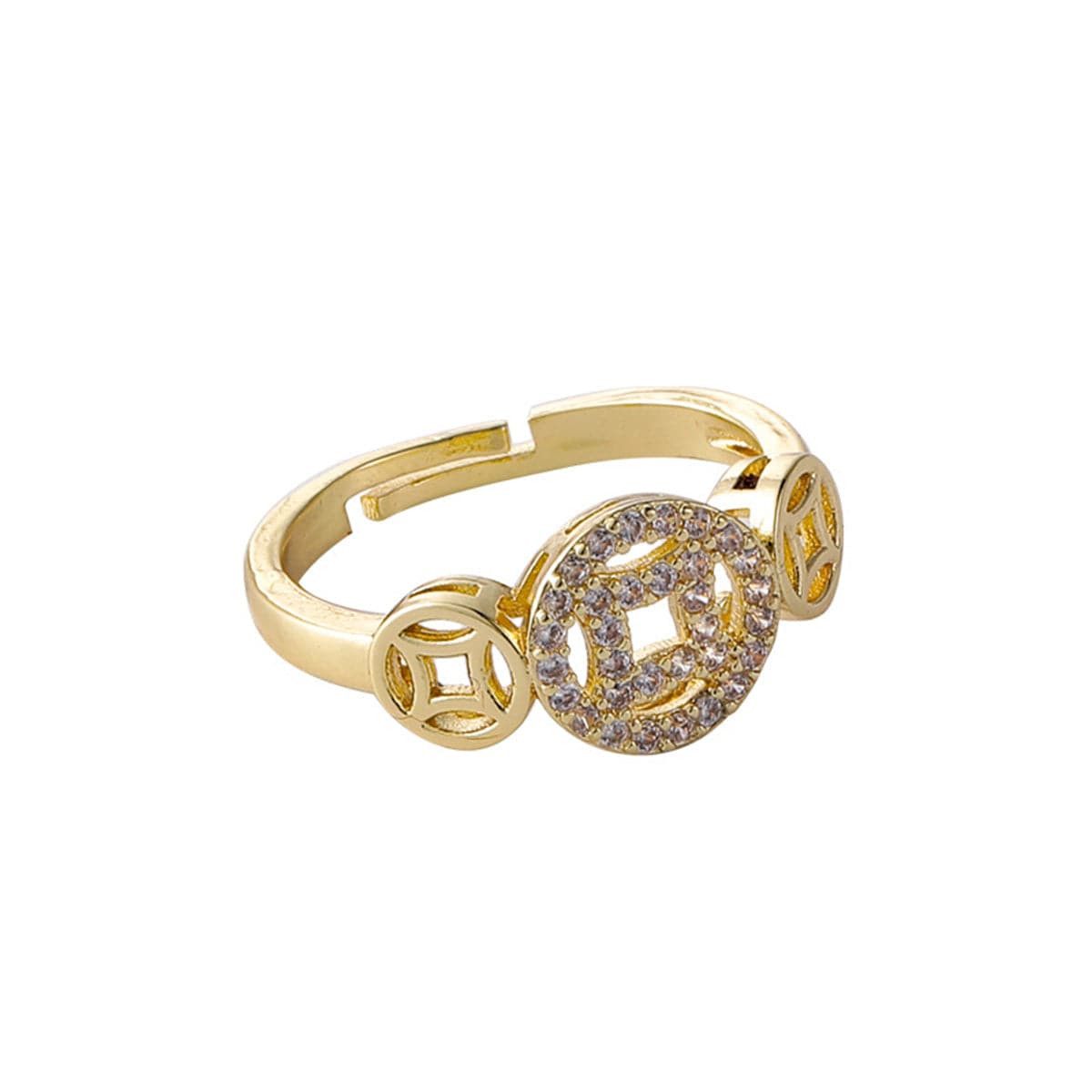 Cubic Zirconia and 18K Gold-Plated Coin Adjustable Ring, gold statement rings for women, everyday style, front view