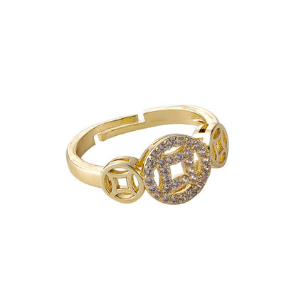 Cubic Zirconia and 18K Gold-Plated Coin Adjustable Ring, gold statement rings for women, everyday style, front view