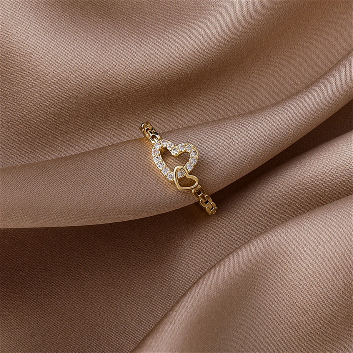 Cubic Zirconia and 18K Gold-Plated Pavé Interlocked Open Heart Chain Ring, gold statement rings for women, side view