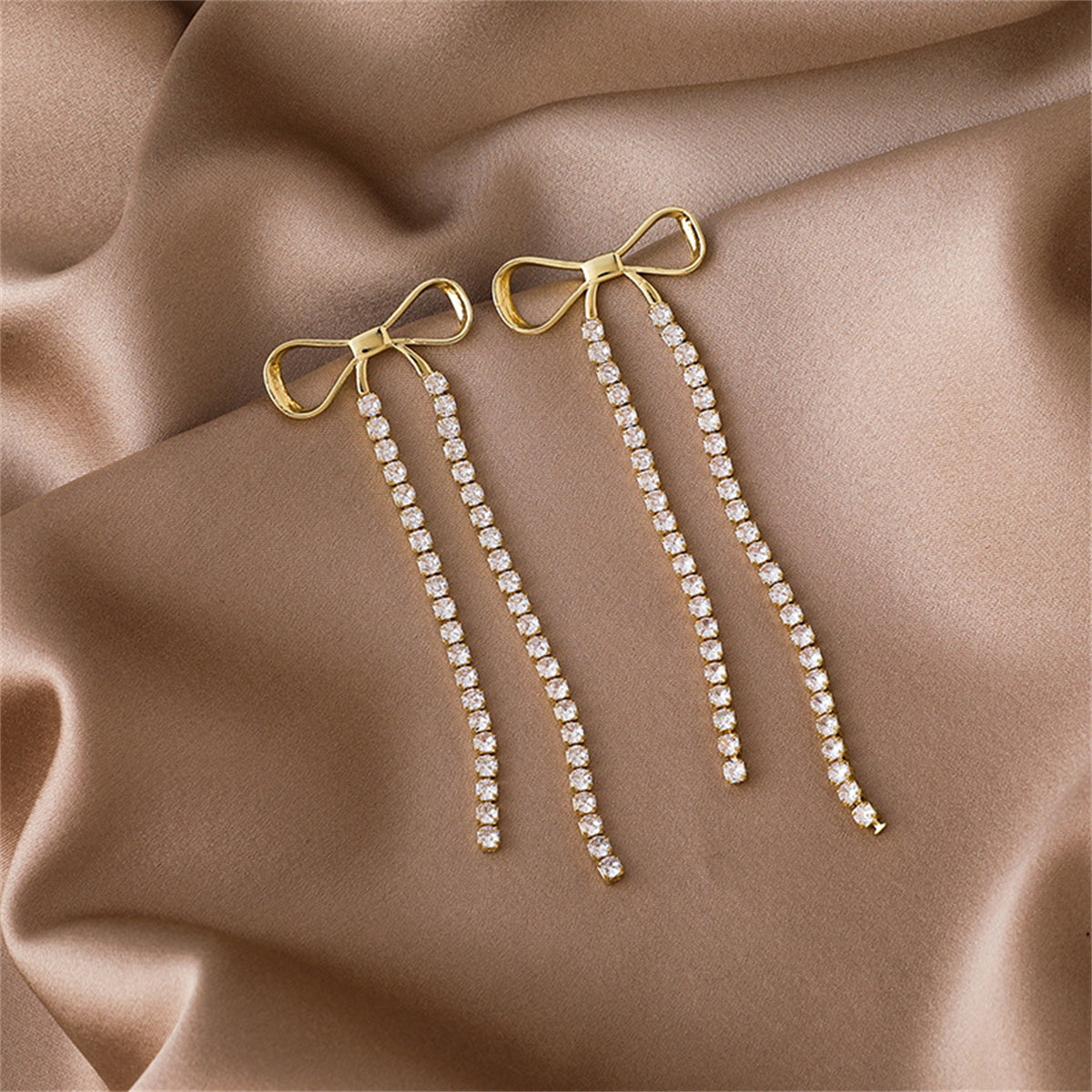 Cubic Zirconia & 18K Gold-Plated Bow Tassel Drop Earrings