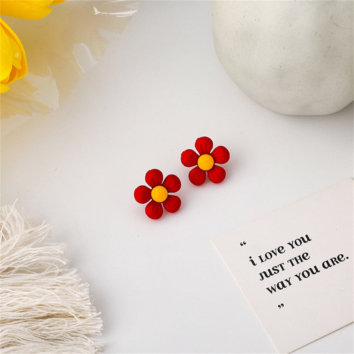 Red Enamel and Silver-Plated Flower Stud Earrings, silver stud earrings for women, botanical inspired, detail close-up