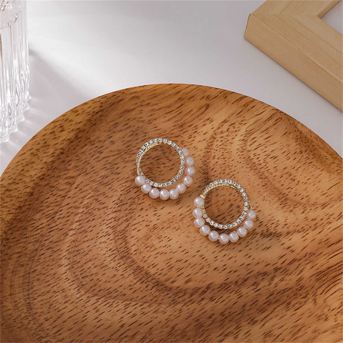 Pearl and Cubic Zirconia Pav¨¦ Double Circle Stud Earrings, stud earrings for women, elegant gift for her, front view