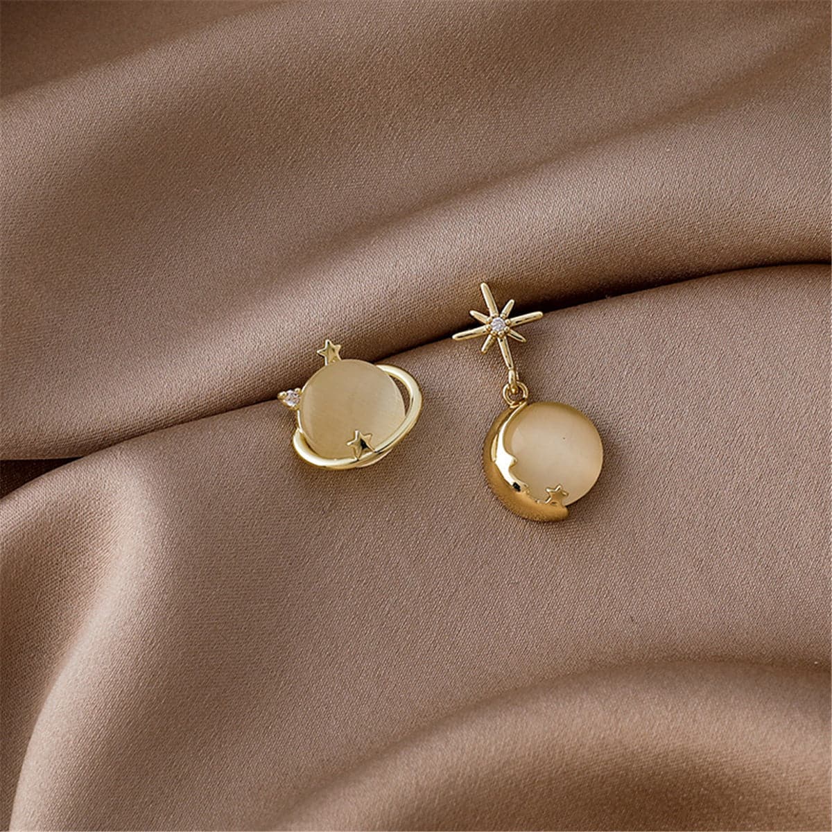 Cat-Eye and 18K Gold-Plated Planet Stud Earring and Moon Drop Earring, gold drop earrings for women, front view