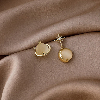 Cat-Eye and 18K Gold-Plated Planet Stud Earring and Moon Drop Earring, gold drop earrings for women, front view