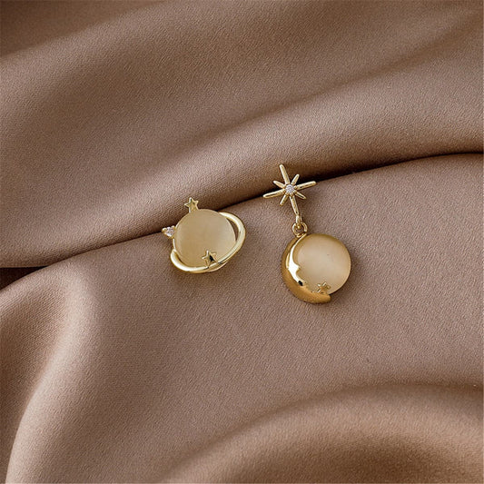 Cat-Eye and 18K Gold-Plated Planet Stud Earring and Moon Drop Earring, gold drop earrings for women, front view