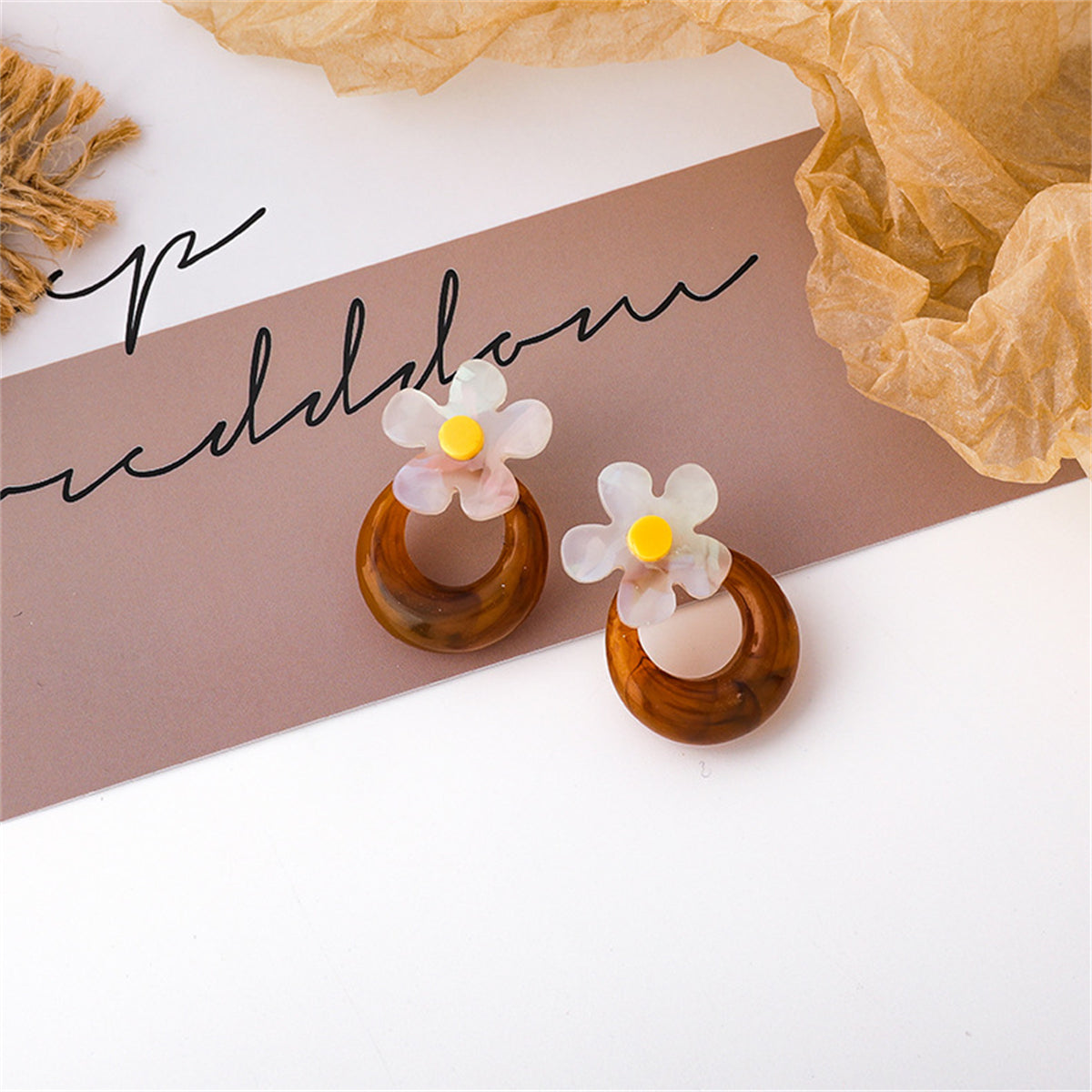 Brown and White Acrylic Floral Hoop Stud Earrings, drop earrings for women, botanical inspired, side view