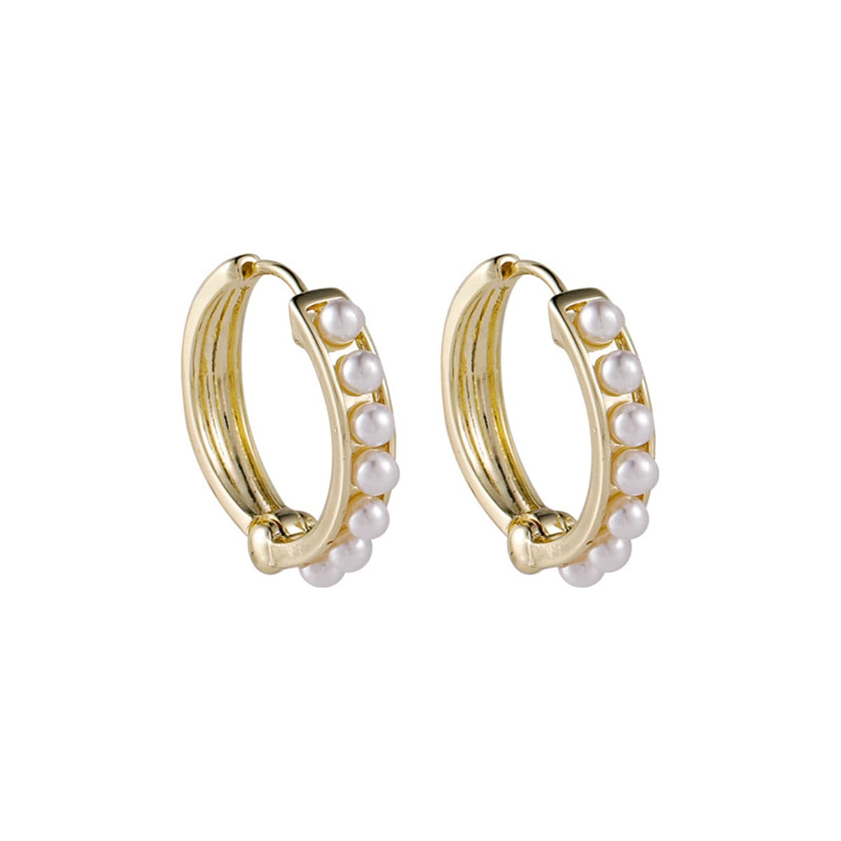 Pearl and 18K Gold-Plated Channel Huggie Earrings, gold huggie earrings, botanical inspired, front view