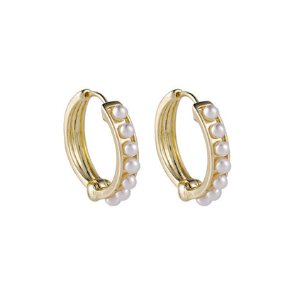 Pearl and 18K Gold-Plated Channel Huggie Earrings, gold huggie earrings, botanical inspired, front view
