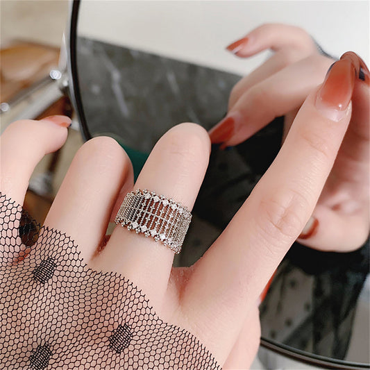 Cubic Zirconia and Silver-Plated Line Adjustable Ring, silver statement rings for women, elegant gift for her, front view
