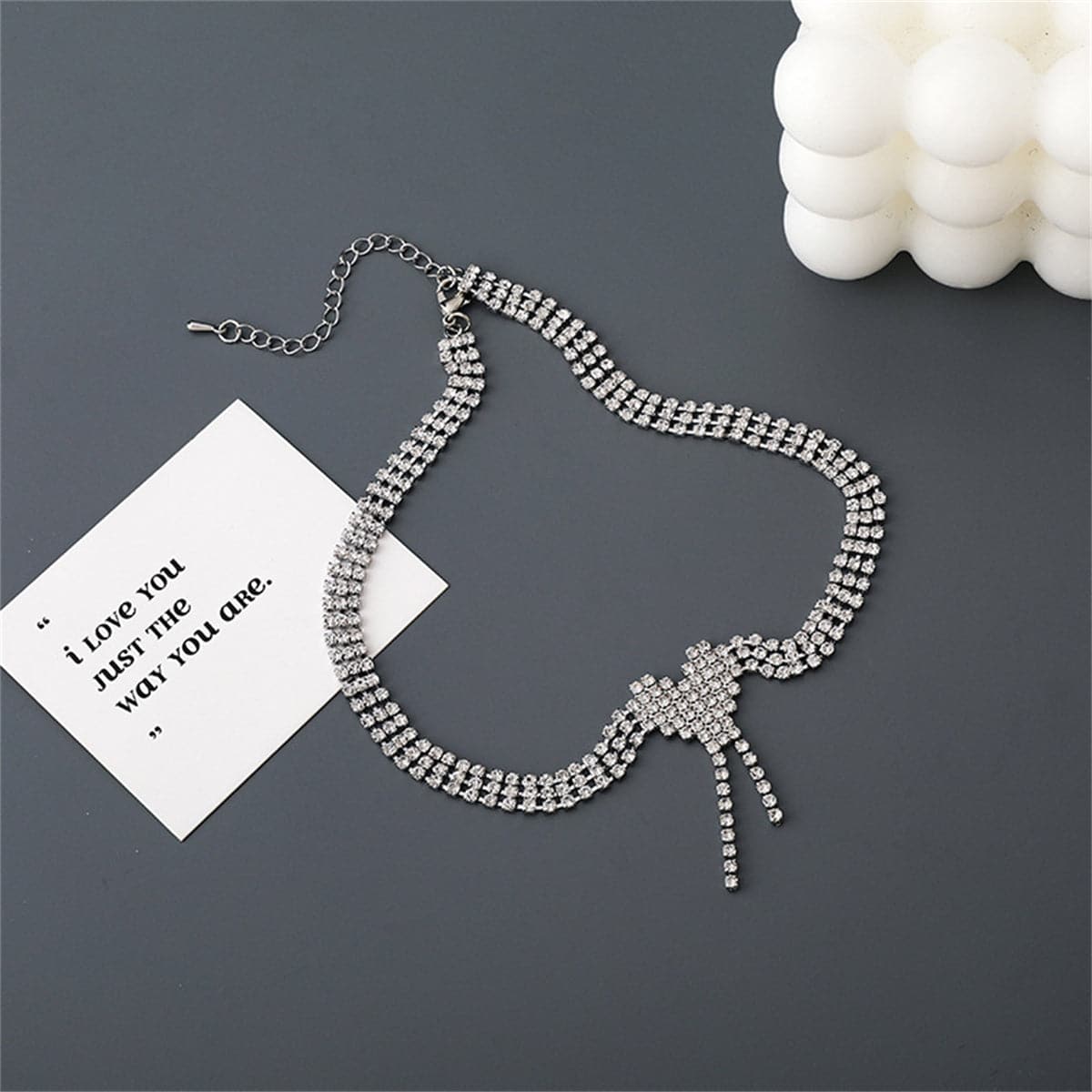 Cubic Zirconia and Silver-Plated Heart Tassel Choker Necklace, silver pendant necklace for women, front view