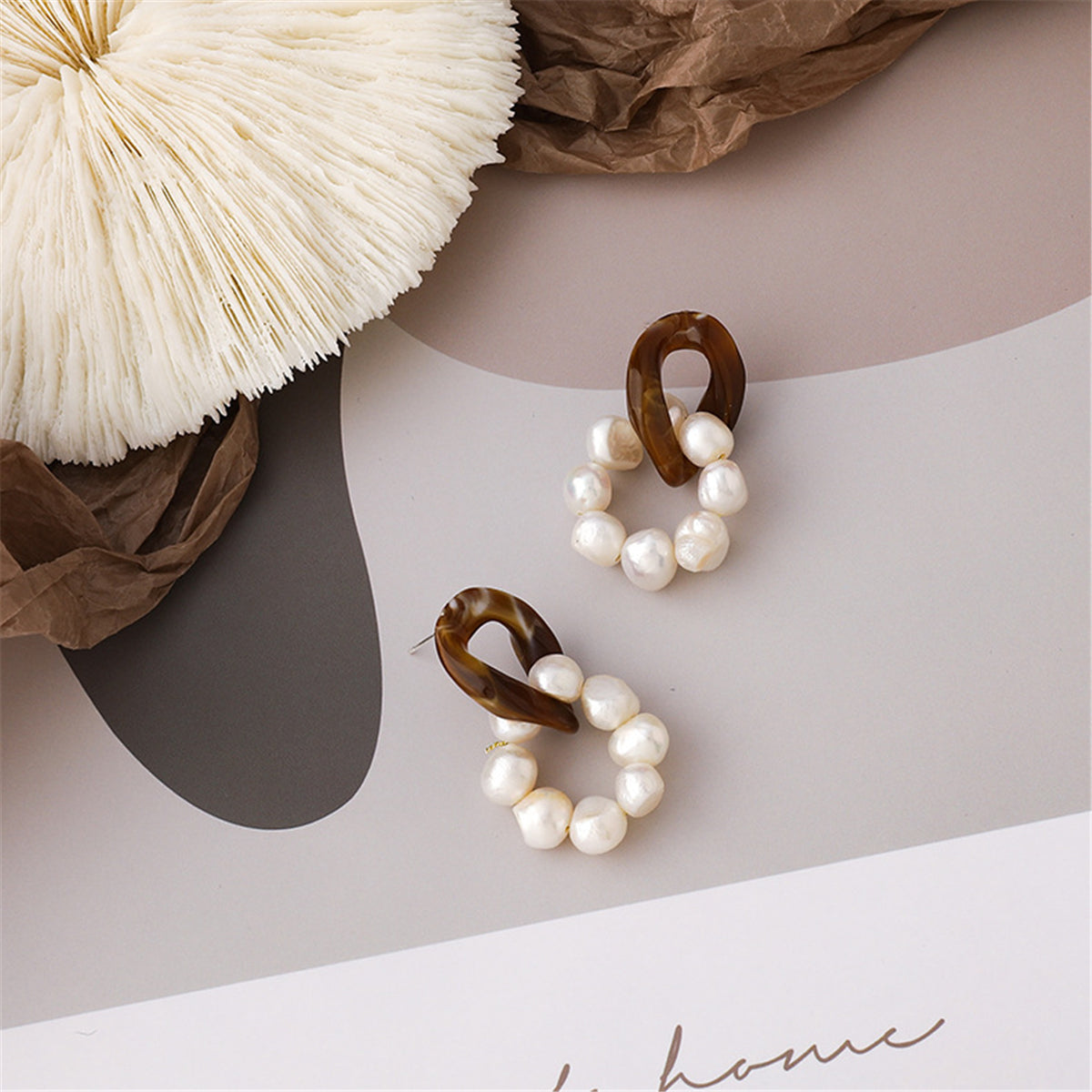 Pearl & Brown Resin Silver-Plated Beaded Drop Earrings