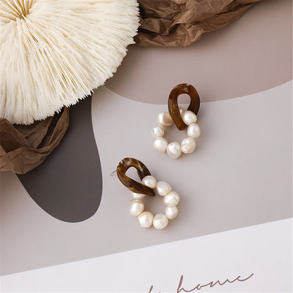 Pearl & Brown Resin Silver-Plated Beaded Drop Earrings
