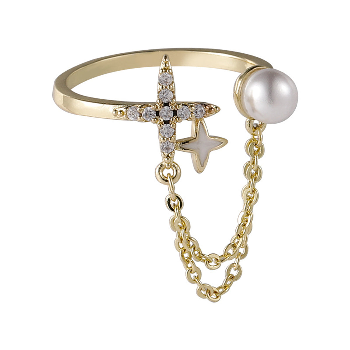 Cubic Zirconia & Pearl 18K Gold-Plated Star Chain Ring