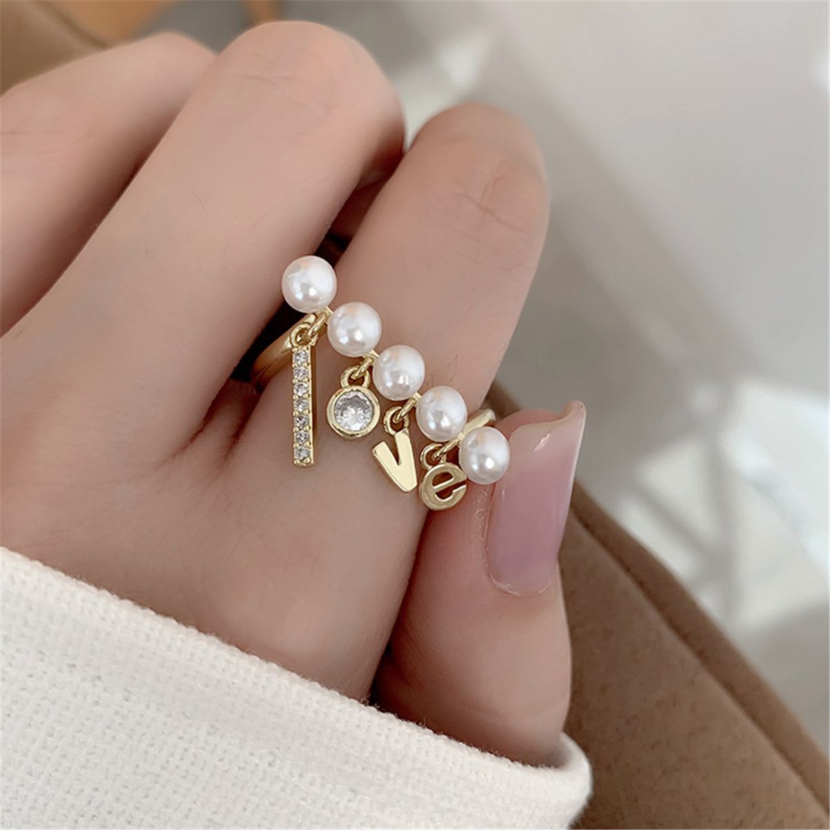 Pearl and Cubic Zirconia 'Love' Open Ring, statement rings for women, everyday style, lifestyle look