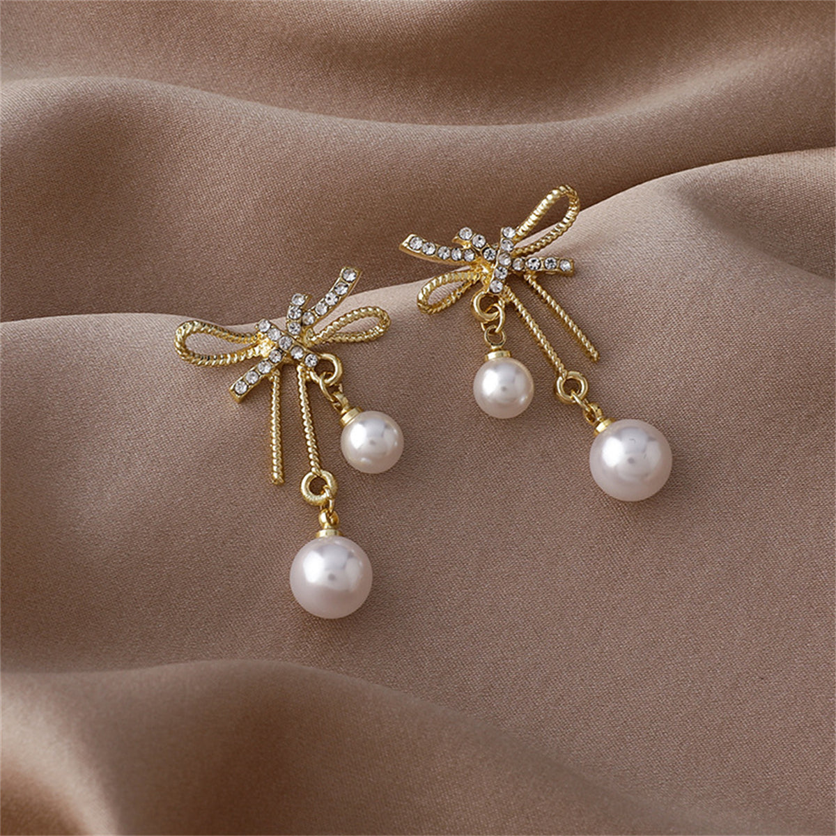 Cubic Zirconia & Pearl 18K Gold-Plated Bow Ribbon Drop Earrings