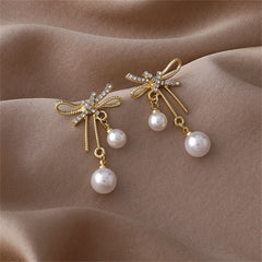 Cubic Zirconia & Pearl 18K Gold-Plated Bow Ribbon Drop Earrings