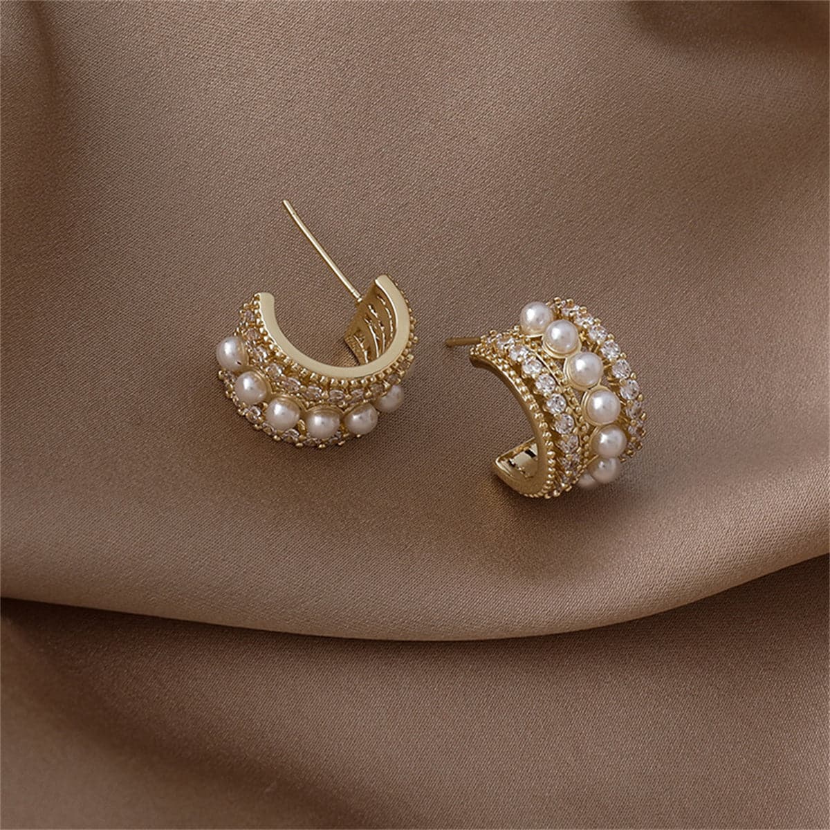 Pearl and Cubic Zirconia Huggie Earrings, huggie earrings, everyday style, side view