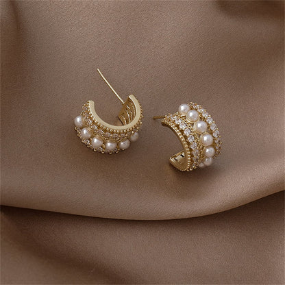 Pearl and Cubic Zirconia Huggie Earrings, huggie earrings, everyday style, side view