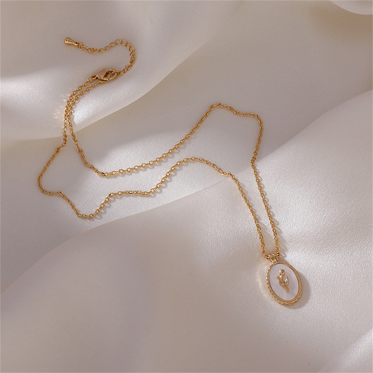 Shell and 18K Gold-Plated Rose Oval Pendant Necklace, gold pendant necklace for women, elegant gift for her, side view