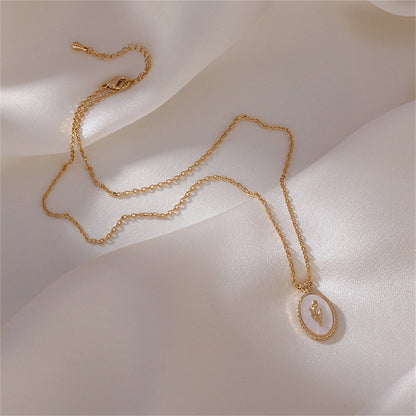 Shell and 18K Gold-Plated Rose Oval Pendant Necklace, gold pendant necklace for women, elegant gift for her, side view