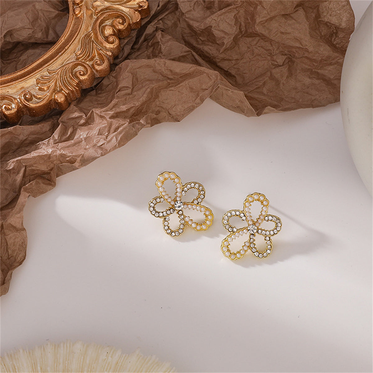 Cubic Zirconia & Pearl 18K Gold-Plated Flower Stud Earrings