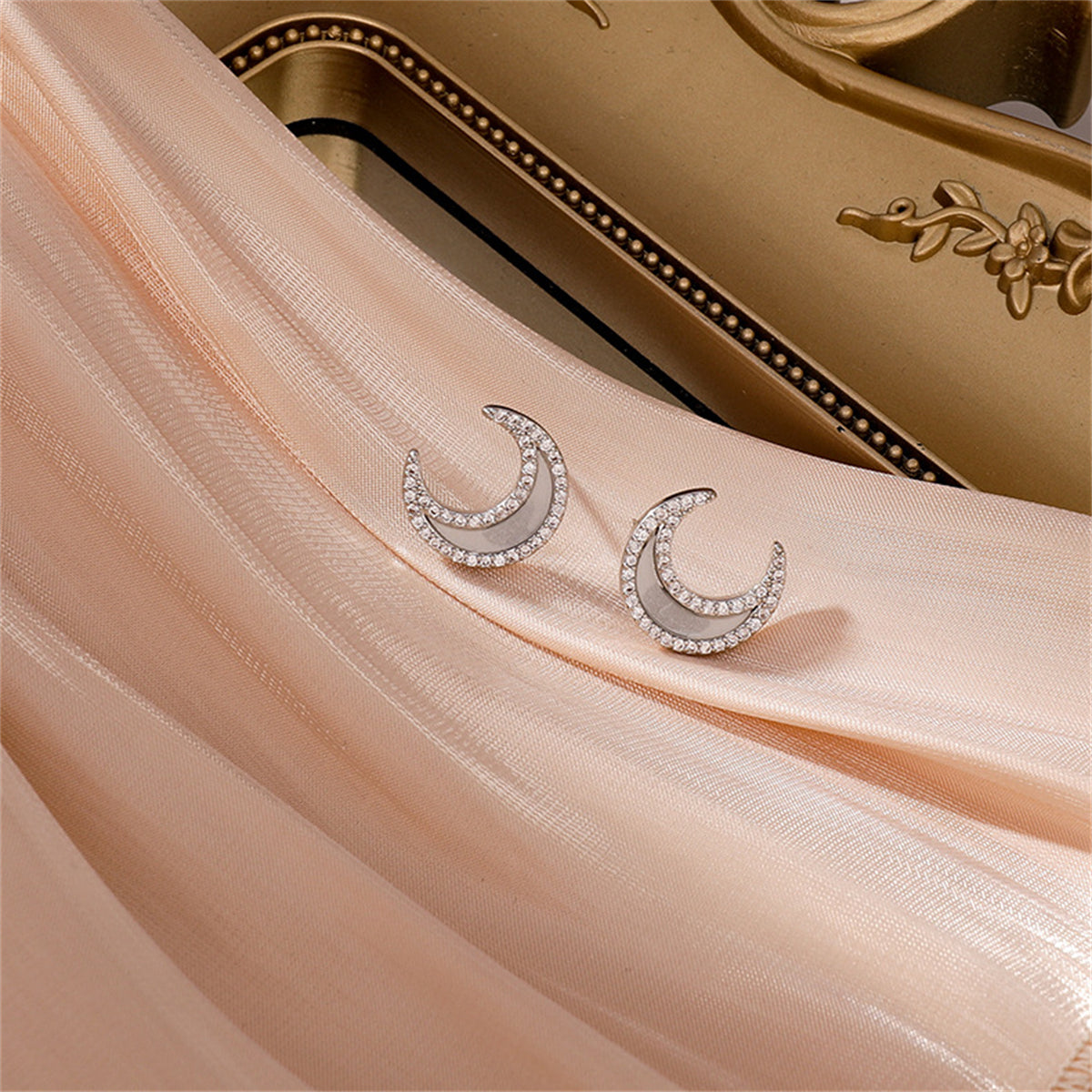 Acrylic & Cubic Zirconia Silver-Plated Moon Stud Earrings