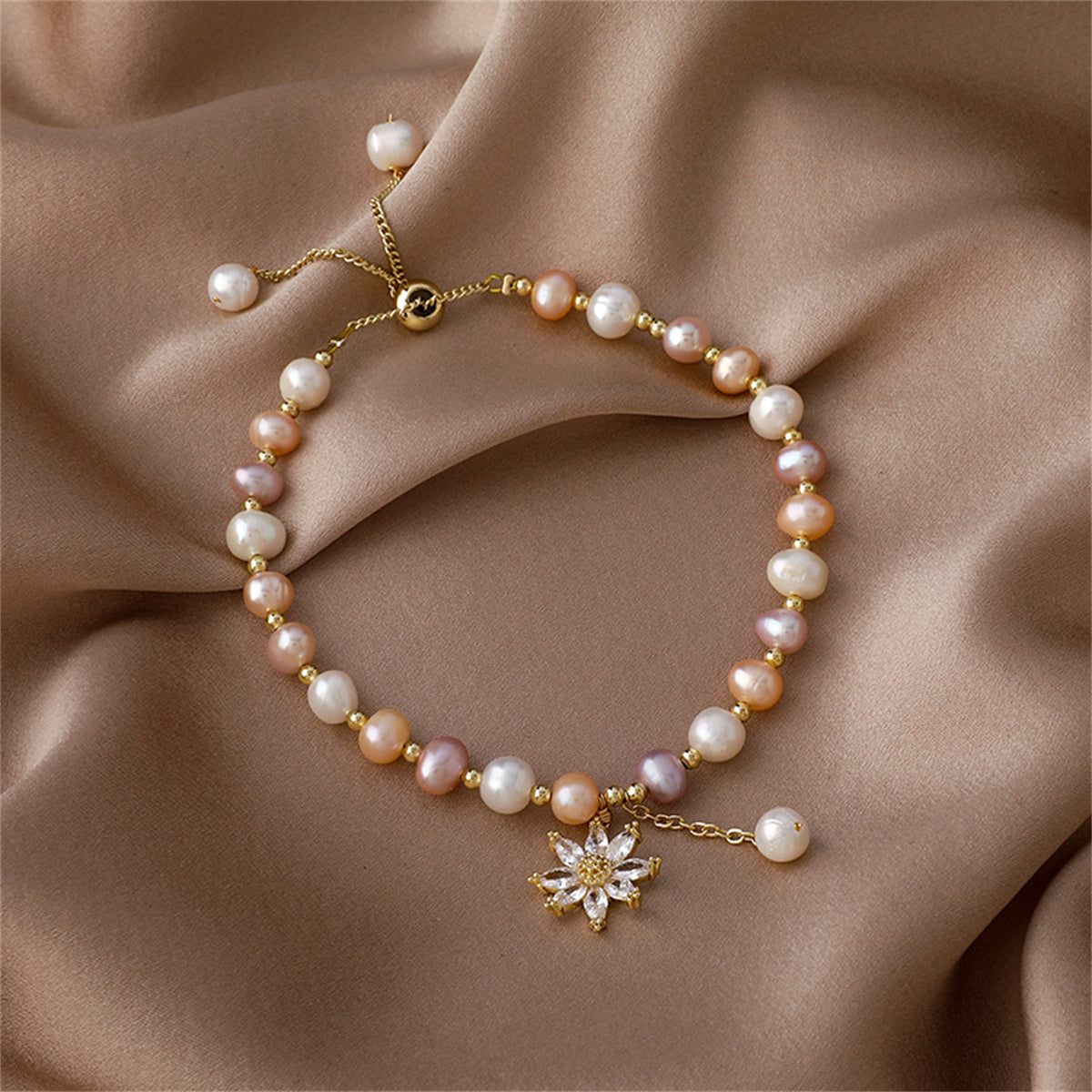 Pink Pearl & Cubic Zirconia Floral Adjustable Charm Bracelet