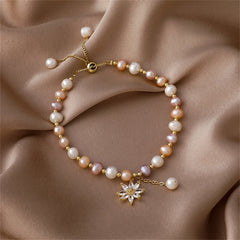 Pink Pearl & Cubic Zirconia Floral Adjustable Charm Bracelet