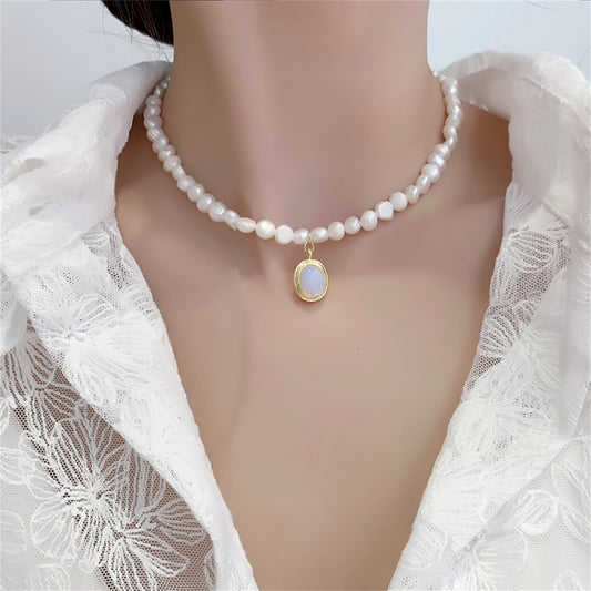 Blue Resin and Pearl 18K Gold-Plated Oval Pendant Collar Necklace, gold pendant necklace for women, front view
