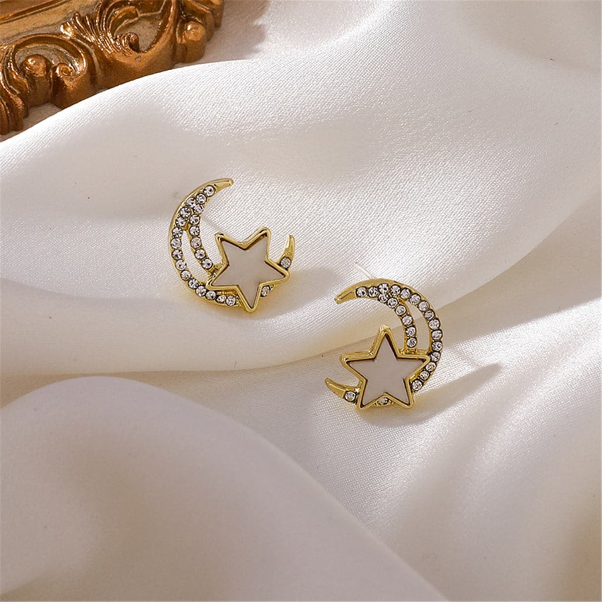 Cubic Zirconia and Acrylic Star Moon Stud Earrings, stud earrings for women, elegant gift for her, front view