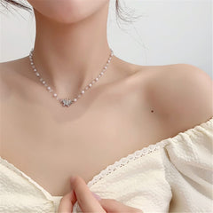 Cubic Zirconia & Pearl  Silver-Plated Butterfly Station Pendant Necklace