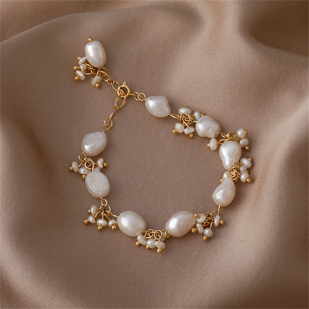 Pearl and 18K Gold-Plated Botany Station Bracelet, gold bracelet for women, botanical inspired, front view