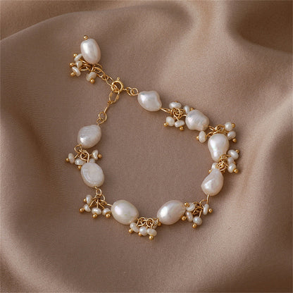 Pearl and 18K Gold-Plated Botany Station Bracelet, gold bracelet for women, botanical inspired, front view
