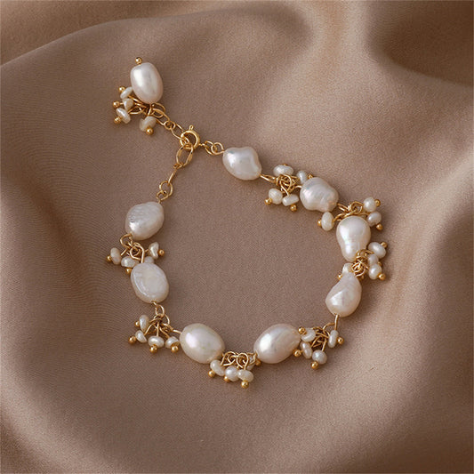 Pearl and 18K Gold-Plated Botany Station Bracelet, gold bracelet for women, botanical inspired, front view