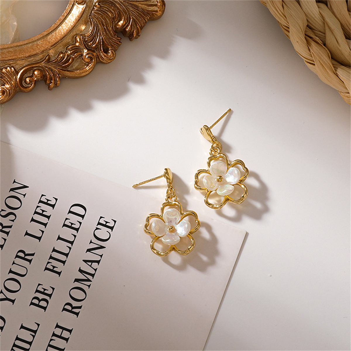 White Acrylic & 18K Gold-Plated Floral Heart Drop Earrings